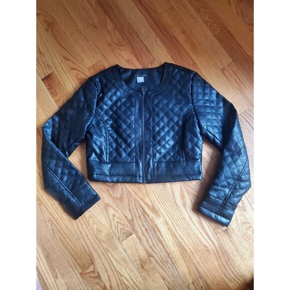 VENUS Jackets & Blazers - Black Quilted Faux Vegan Leather Cropped Jacket Zipper Closure By Venus Size 6